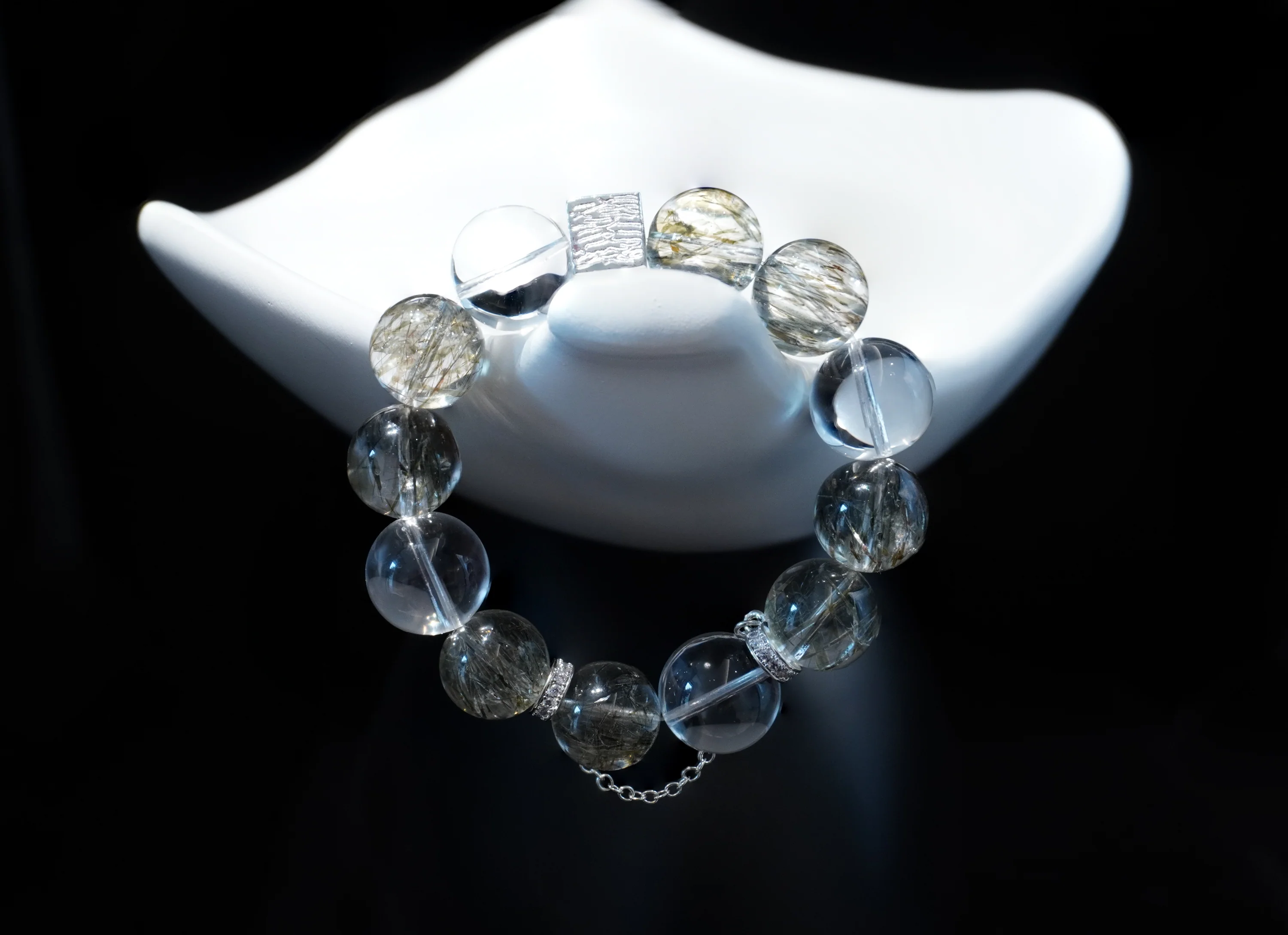 Emerald Radiance Bracelet - A Fusion of Green Rutilated Quartz, Clear Quartz, and Sterling Silver