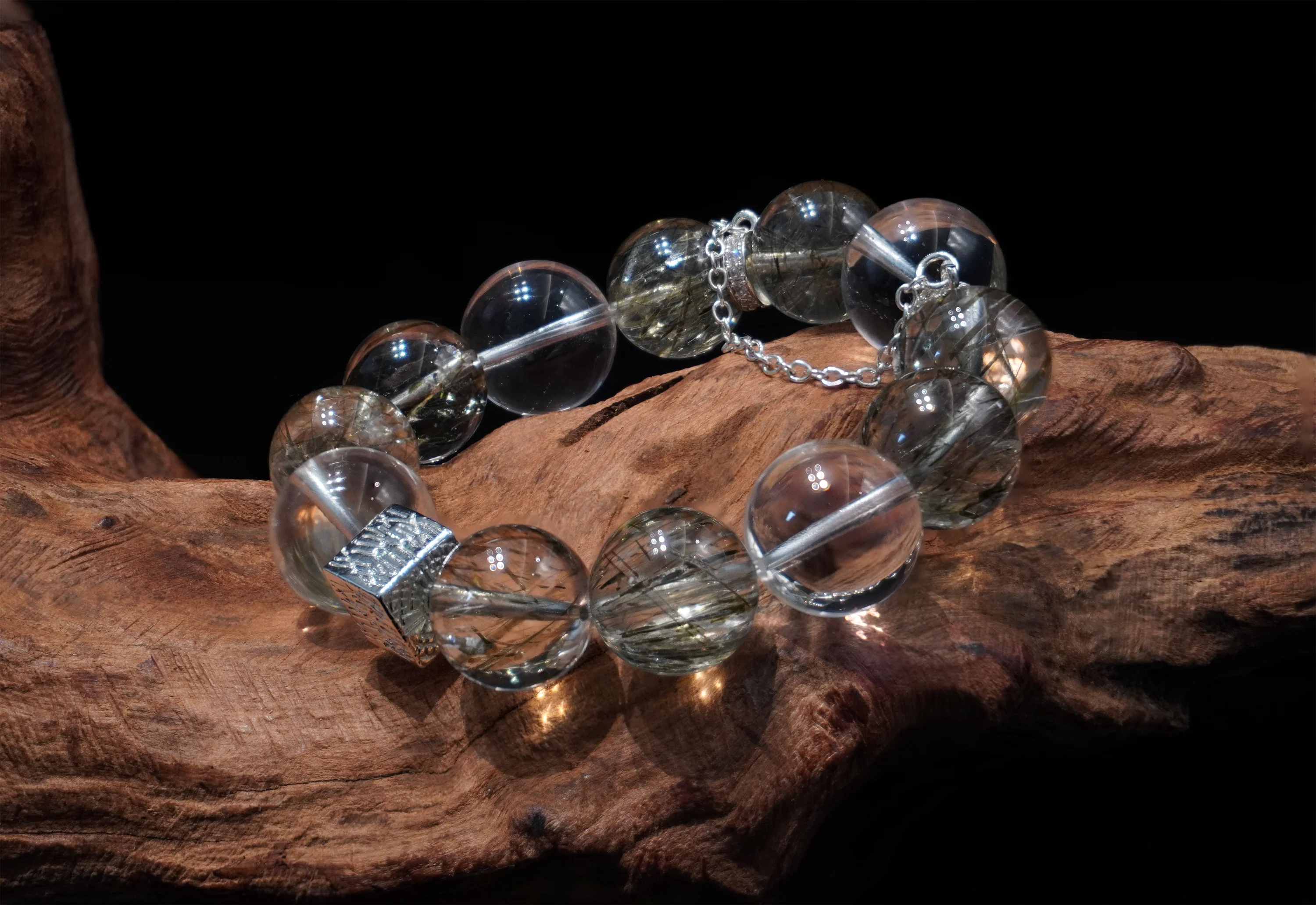 Emerald Radiance Bracelet - A Fusion of Green Rutilated Quartz, Clear Quartz, and Sterling Silver